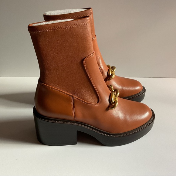 Coach Kenna honey caramel brown bootie with gold chain chunky heel ankle boot - Picture 5 of 14